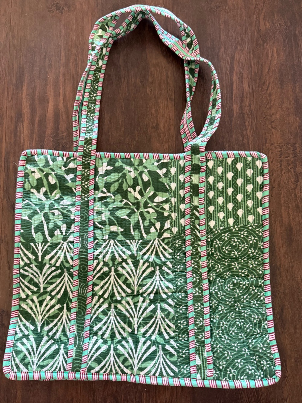 Green Printed Tote Bag with Striped Trim - Women Bags